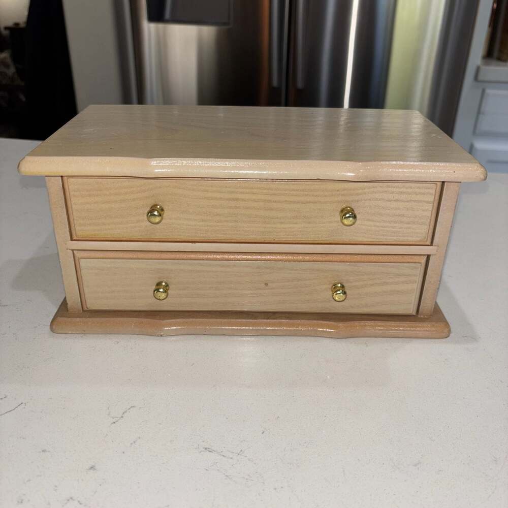Vintage Blonde Wood Musical Jewelry Box 2 Drawers Pink Velvet Lining